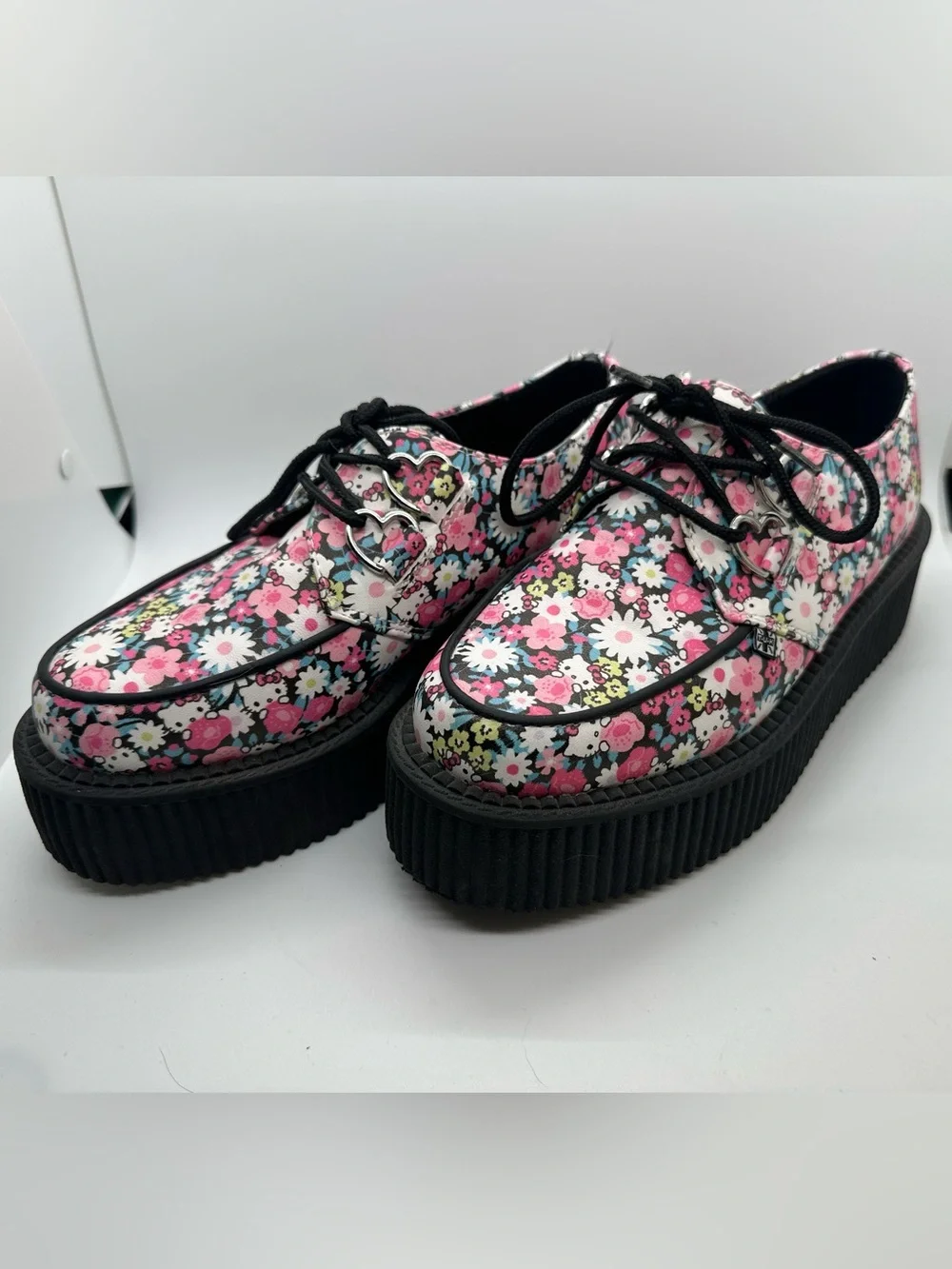 T.U.K Floral Hello Kitty Platform Lace-Up Moccasins - Pink, White, Black